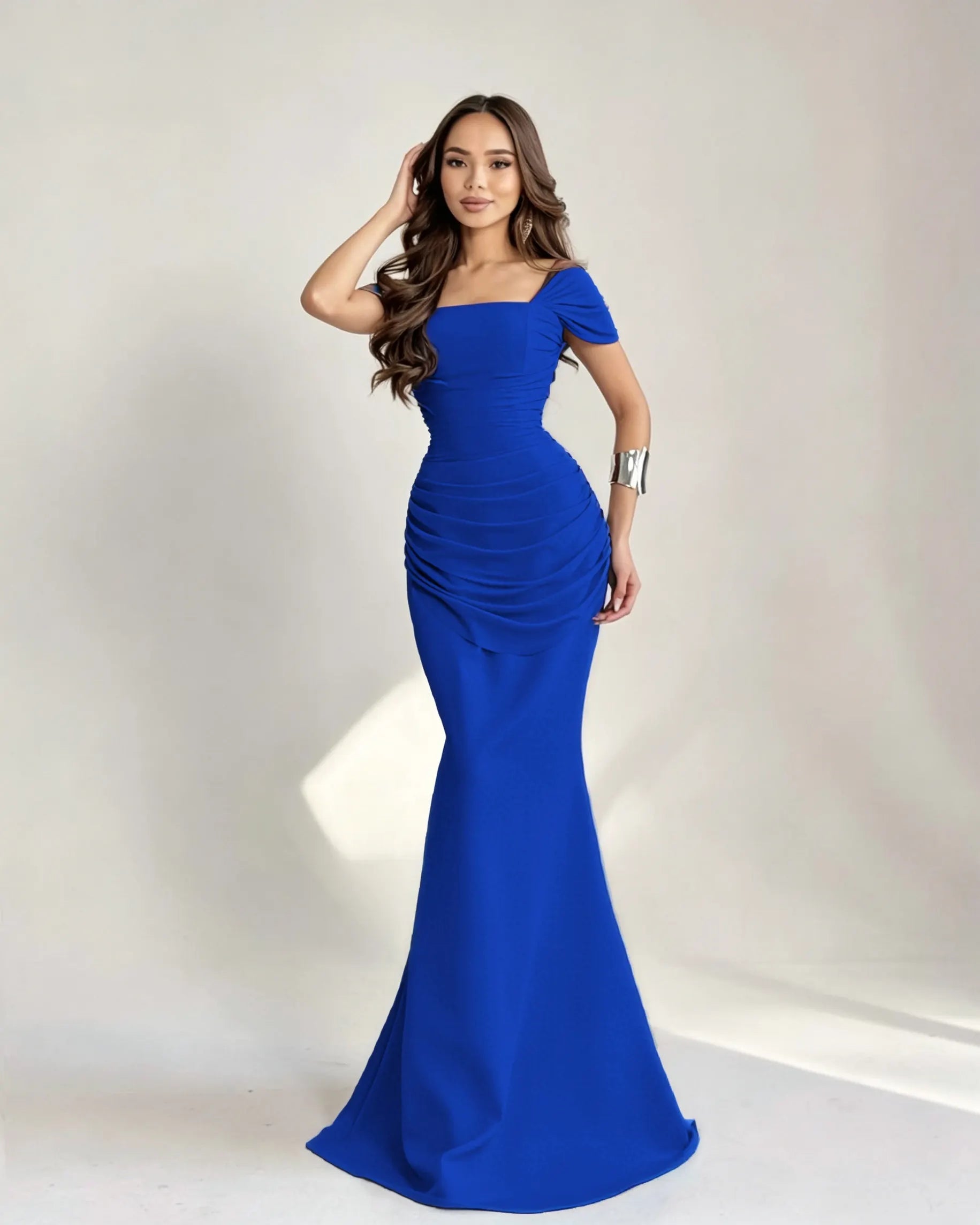 Cocoslly Square Neck Sleeveless High Waist Long Mermaid Prom Dress With Pleated | Burgundy Satin DB0128