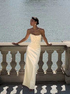 Cocoslly Strapless Sleeveless High Waist Long Prom Dress With Appliques | Pink Satin LX0113