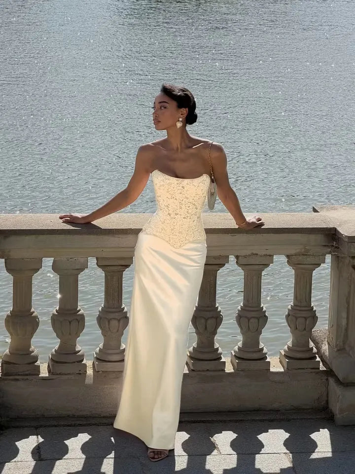 Cocoslly Strapless Sleeveless High Waist Long Prom Dress With Appliques | Pink Satin LX0113
