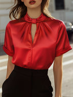 Sophisticated White Satin Blouse with Modern Keyhole Neckline