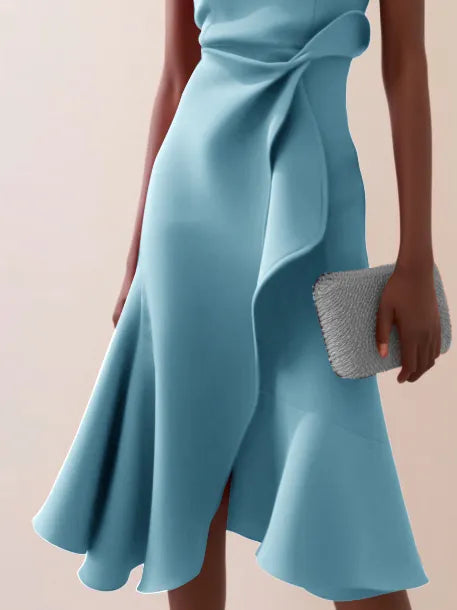 Light Blue Asymmetric Ruffled Classic Boat Neck Sleeveless Midi Elegant A-line Dress with Waist Twist for Day-to-Night