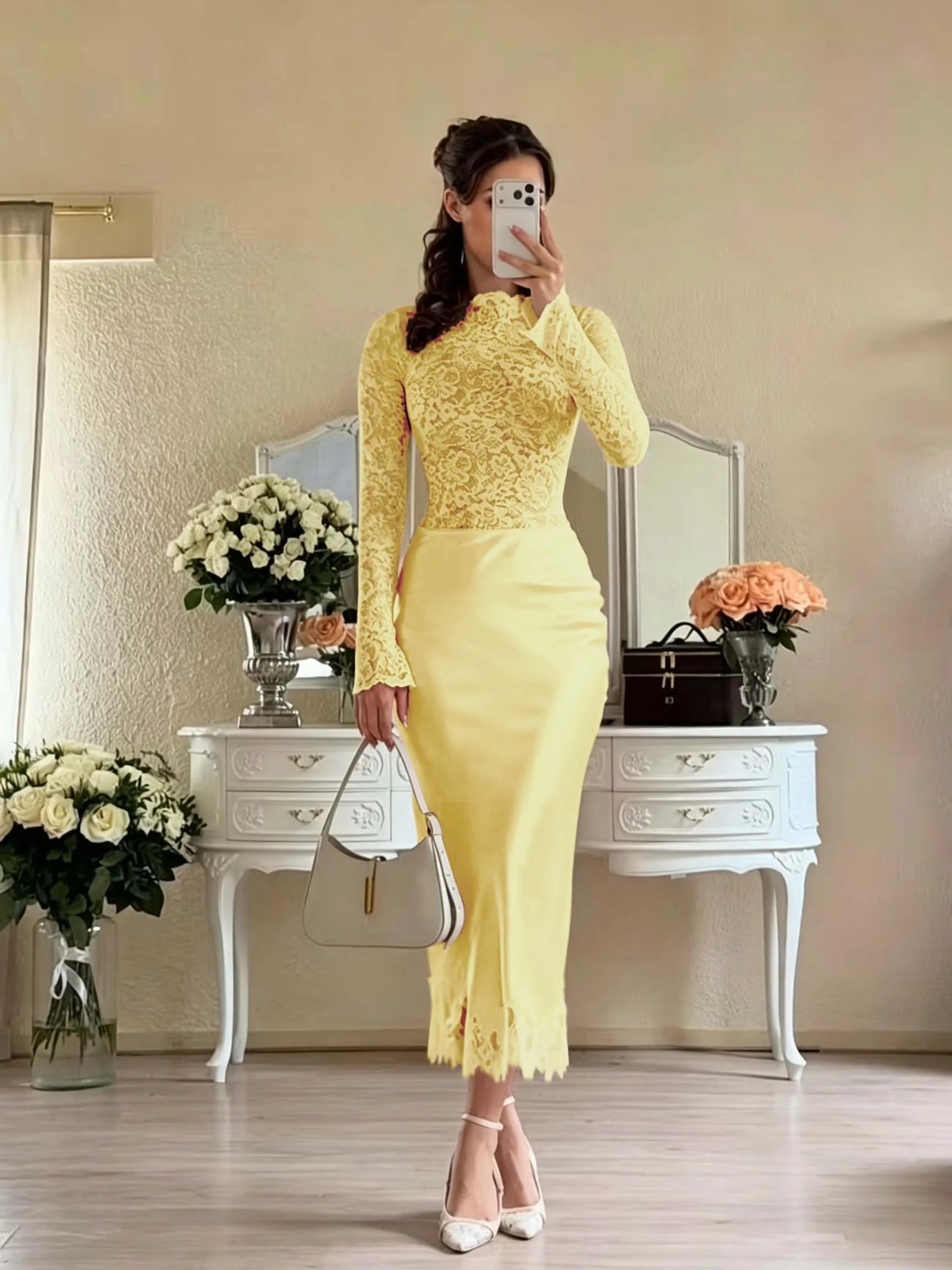 Cocoslly Long Sleeves High Waist Long Mermaid Prom Dress | White Lace And Satin JZ0165