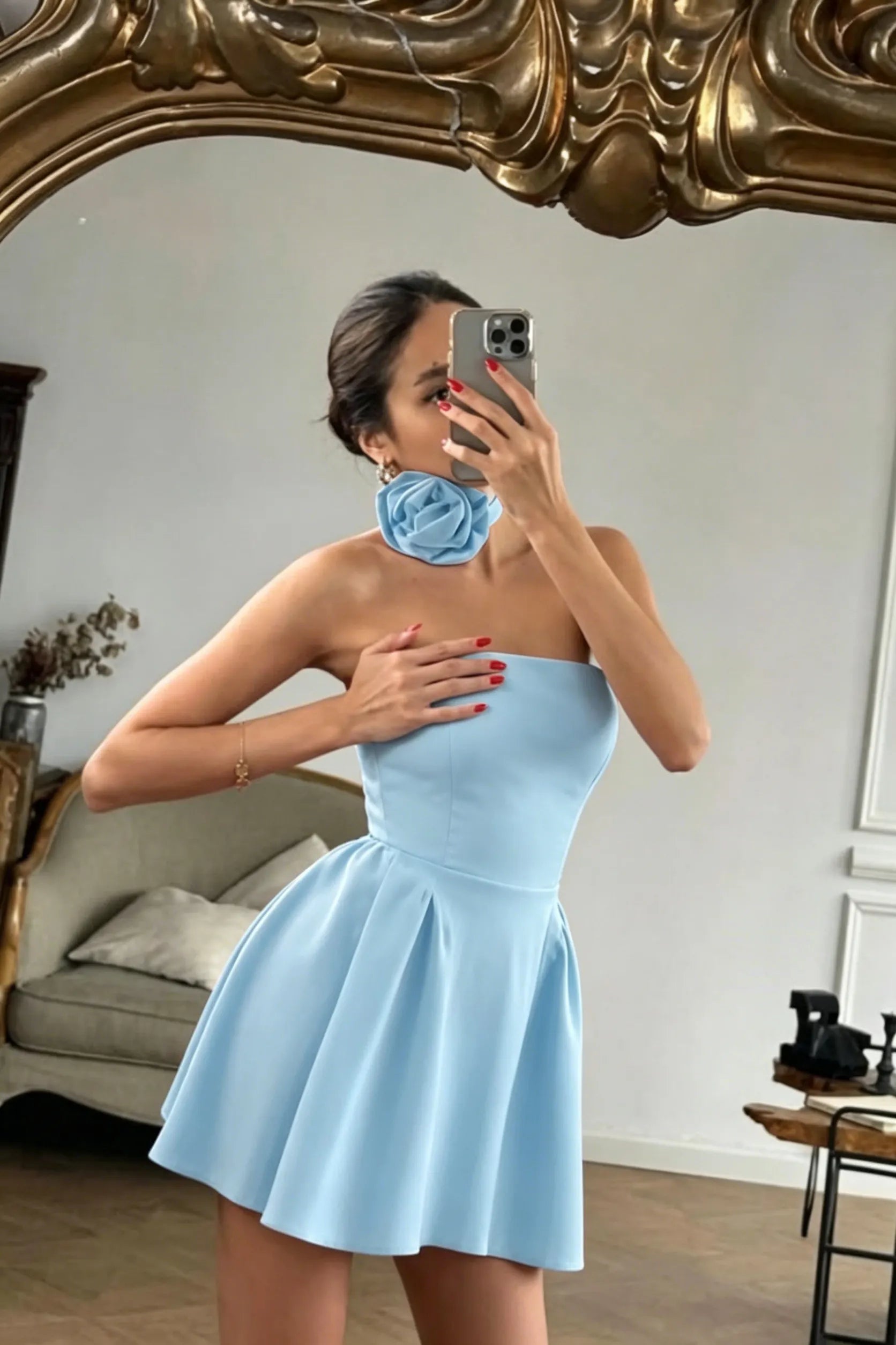 Cocoslly Strapless Sleeveless High Waist Short Prom Dress With Flower | Red Satin ZT0783