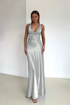 Cocoslly Halter V-Neck Sleeveless High Waist Long Prom Dress | Royal Blue Satin ZT0693