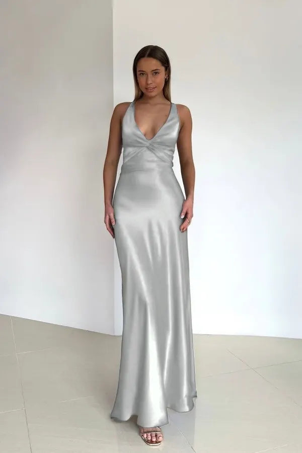 Cocoslly Halter V-Neck Sleeveless High Waist Long Prom Dress | Royal Blue Satin ZT0693