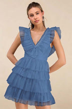 Cocoslly V-Neck Wide Straps Sleeveless Short A-Line Pleated Prom Dress With Ruffles | Black Tulle ZA0212