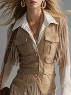 Western-style Retro-chic Faux Suede Vest And Shorts Set