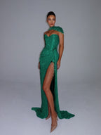 Cocoslly Strapless Sweetheart Sleeveless High Waist Long Split Prom Dress With Shawl | Silver Grey Sequins YK1275