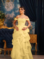 Tulle Strapless Off-The-Shoulder Sleeveless Long Pleated A-Line Prom Dress With Beadings And Rhinstone YK0769