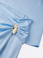 Women Blue Satin Buckle Asymmetrical Short Sleeve Dressy Top With Skirt Two-Piece Set