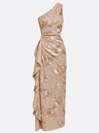 Champagne Jacquard Sequin One Shoulder Sleeveless Mermaid Floor-length Gown Dress