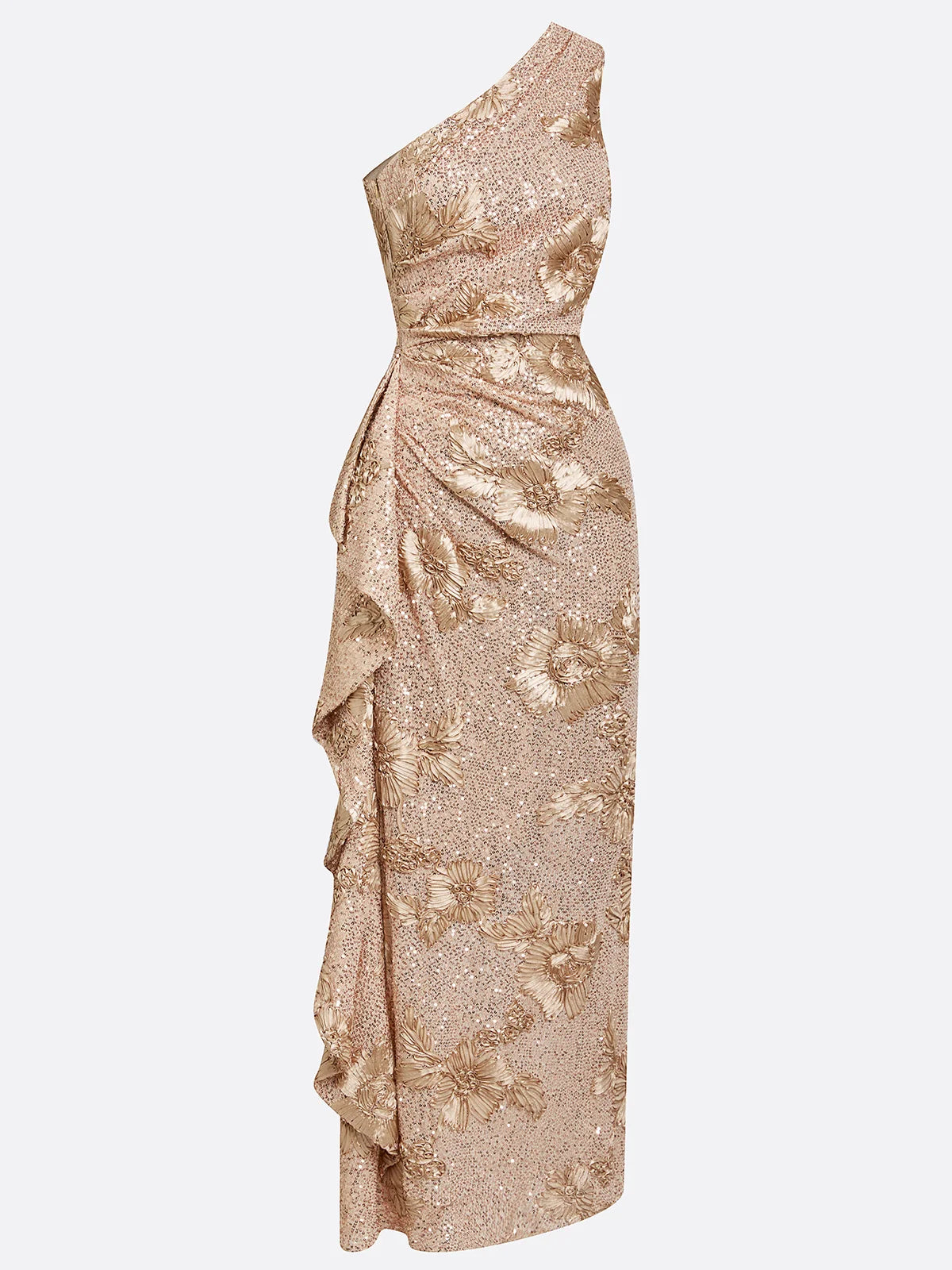 Champagne Jacquard Sequin One Shoulder Sleeveless Mermaid Floor-length Gown Dress