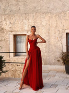Cocoslly Strapless Sleeveless High Waist Long Split Prom Dress With Pleated | Pink Chiffon YK1283