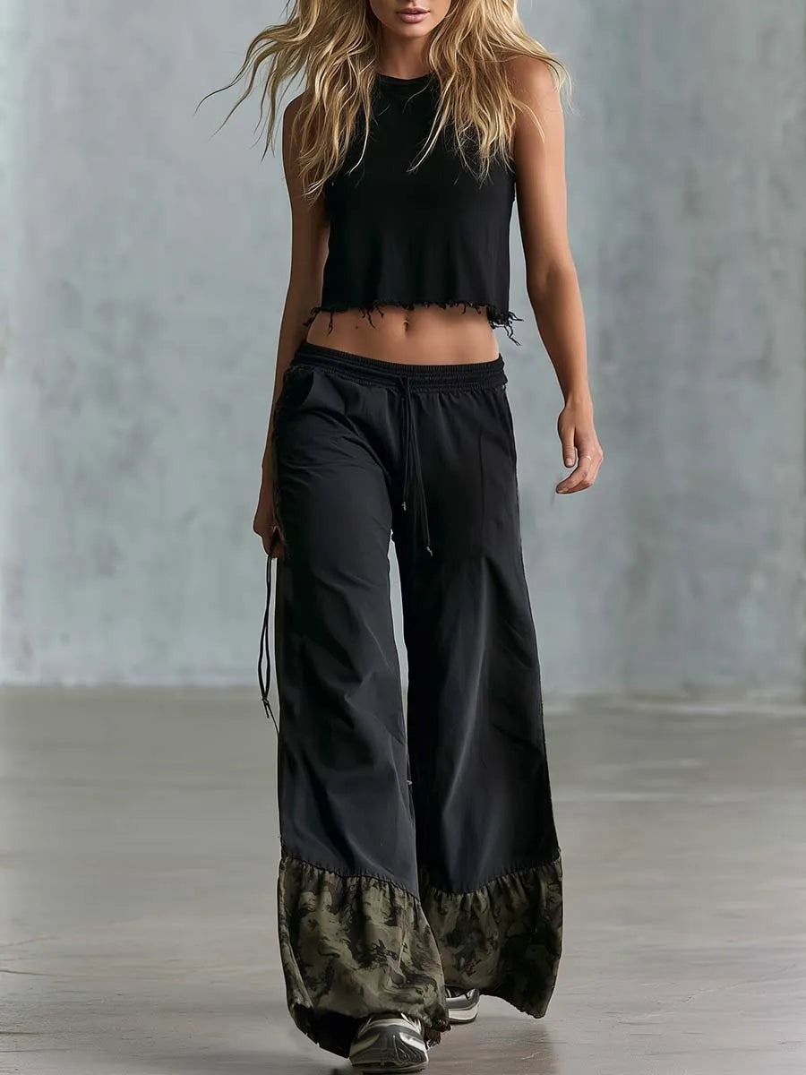 Athleisure Black Cotton Crew-neck Top And Camouflage-panel Pants Set