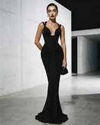 Cocoslly Spaghetti Straps Sleeveless High Waist Long Mermaid Prom Dress With Pleated | Red Satin LX0112