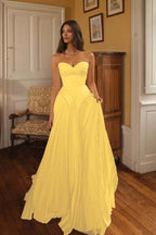 Cocoslly Sweetheart Strapless Sleeveless High-Waisted Long A-Line Pleated Prom Dress | Ivory Chiffon ZA0311
