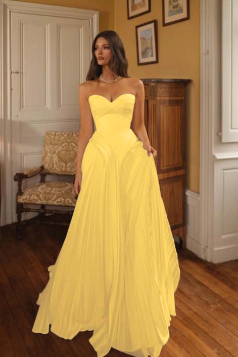 Cocoslly Sweetheart Strapless Sleeveless High-Waisted Long A-Line Pleated Prom Dress | Ivory Chiffon ZA0311