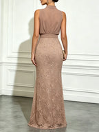 Light Brown Jacquard Ruched Classic Mock Neck Sleeveless Mermaid Gown Dress
