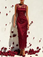 Pink Lace Embroidery Applique Crew Neck Sleeveless Sheath Maxi Dress