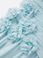 Blue Ruched 3D Floral Chiffon Strapless Sleeveless A-Line Floor-length Gown Dress