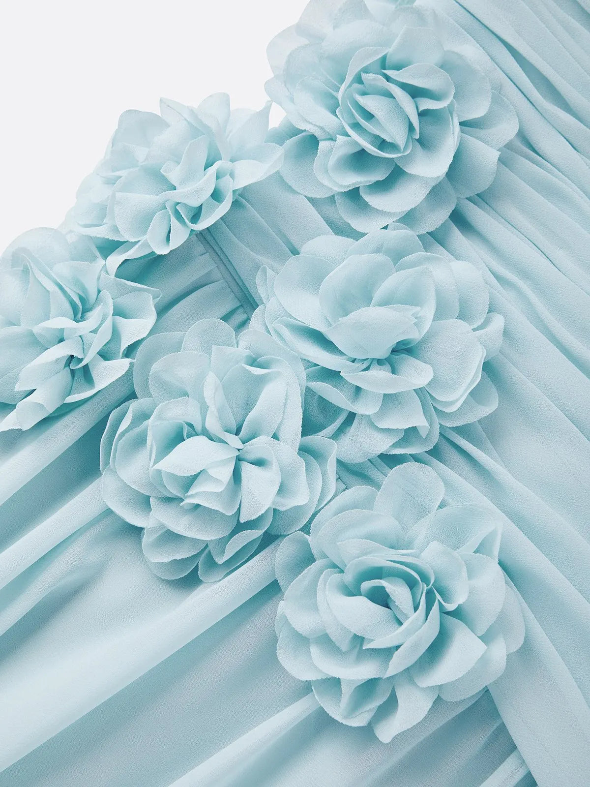 Blue Ruched 3D Floral Chiffon Strapless Sleeveless A-Line Floor-length Gown Dress