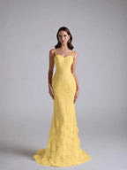 Tulle Sweetheart Spaghetti Straps Sleeveless Long Mermaid Prom Dress With Petals And Sequins YK0668
