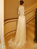 Cocoslly High Neck Long Sleeves High Waist Long Prom Dress With Sequins | Champage Chiffon YC0572