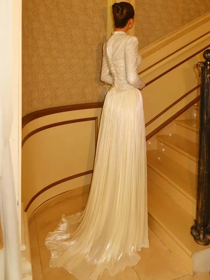 Cocoslly High Neck Long Sleeves High Waist Long Prom Dress With Sequins | Champage Chiffon YC0572