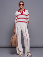 Retro Red-Striped Knit Polo And Wide-Leg Pants Set