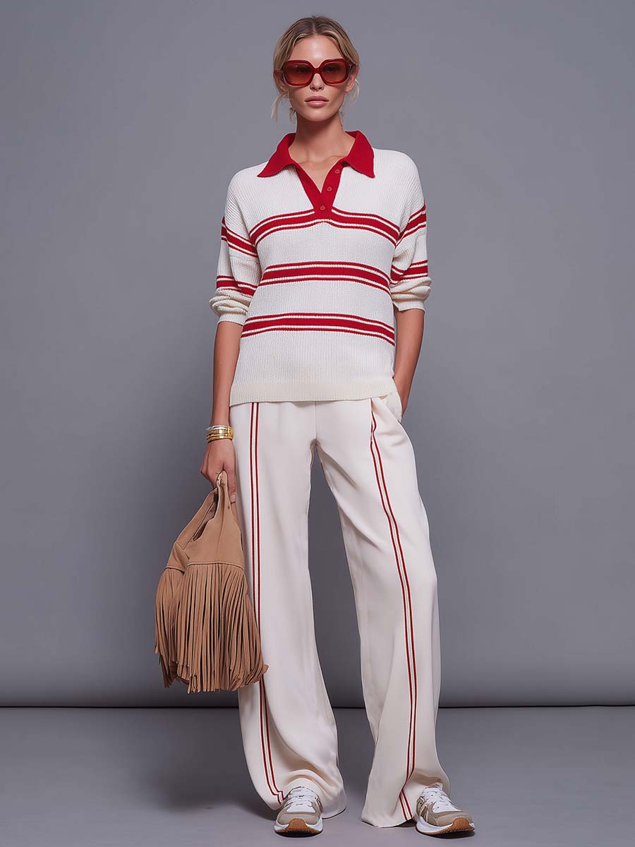 Retro Red-Striped Knit Polo And Wide-Leg Pants Set