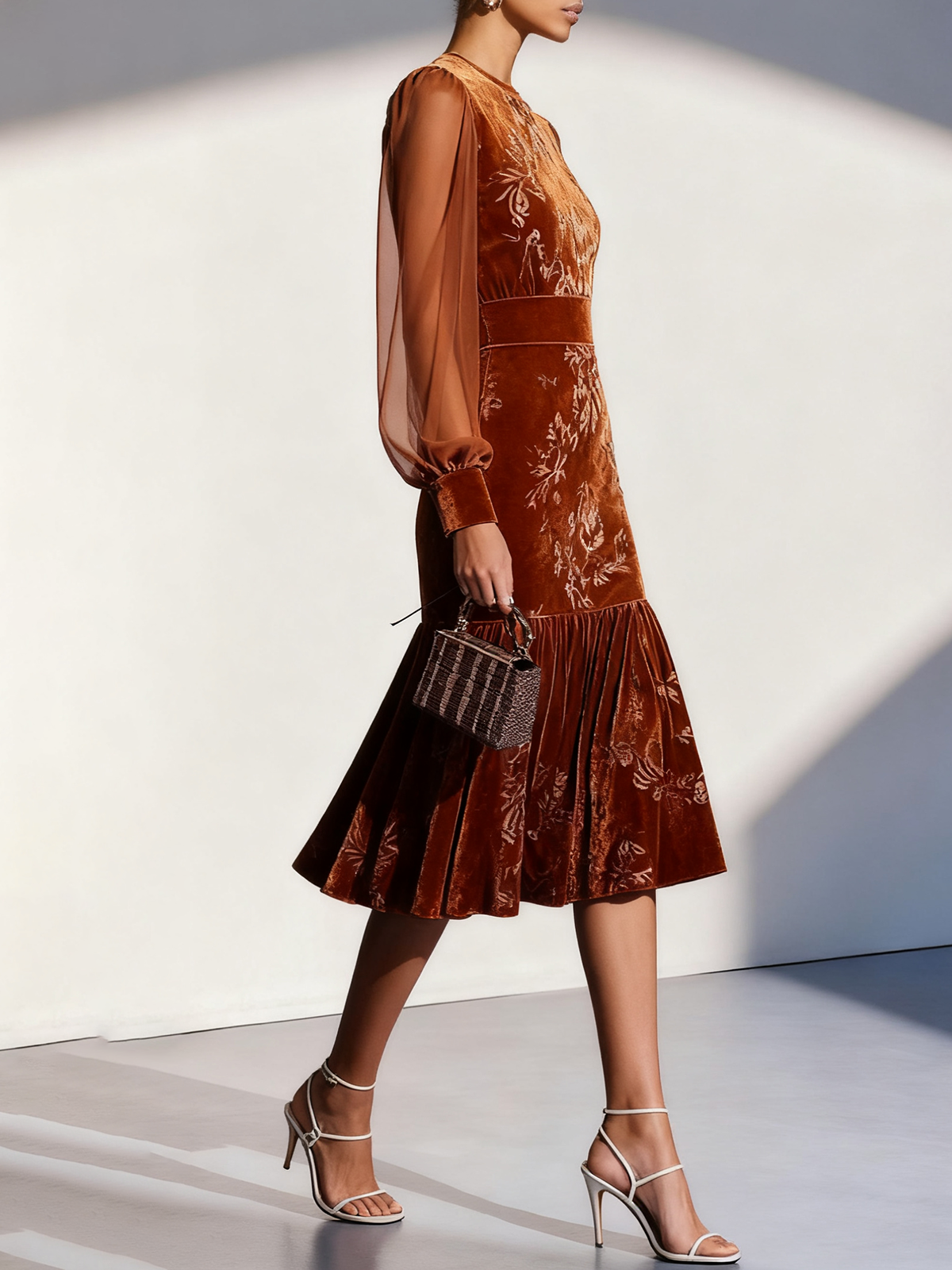 Caramel Brown Mesh Jacquard Velvet Crew Neck Long Sleeve Balloon Sleeve Mermaid Midi Dress
