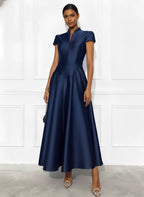 Navy Blue Satin Stand Collar Short Sleeve A-Line Maxi Dress