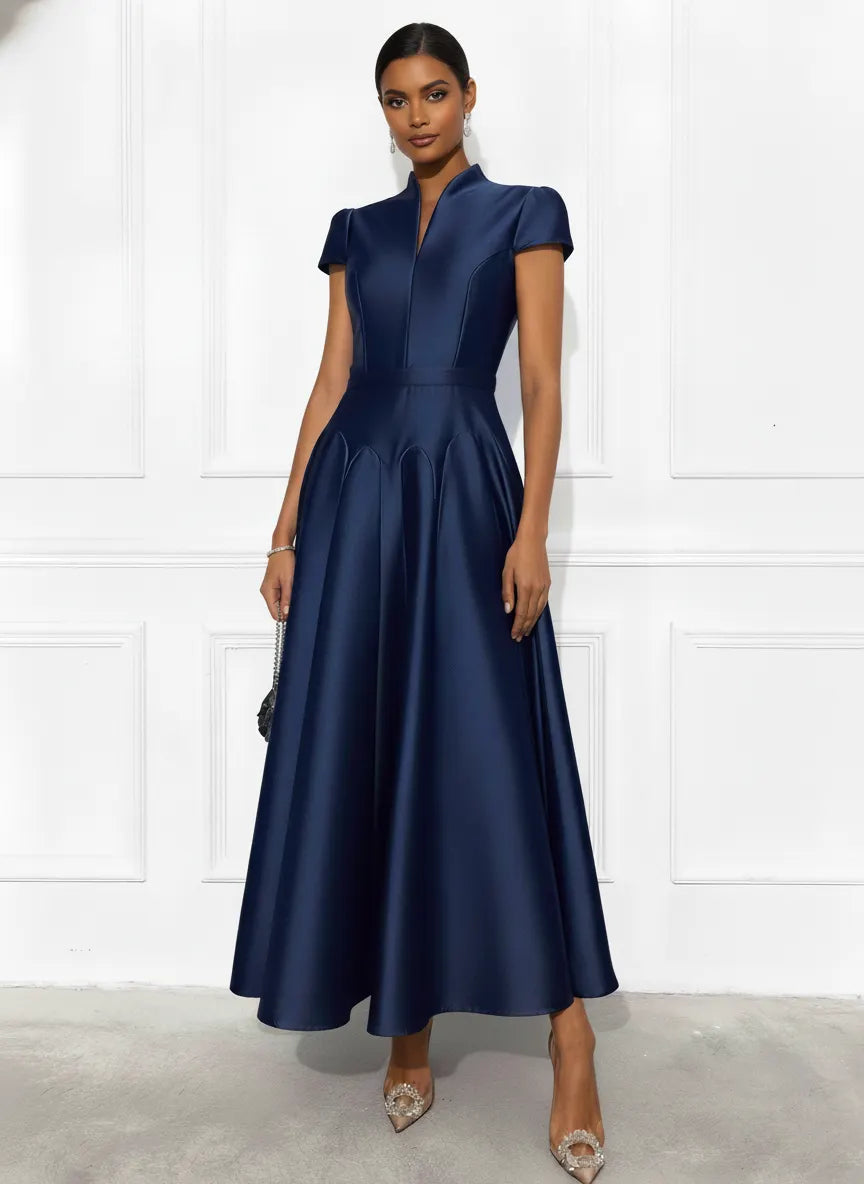Navy Blue Satin Stand Collar Short Sleeve A-Line Maxi Dress