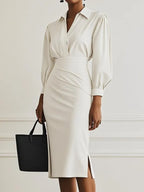 Women Light Gray Ruched Shirt Collar Long Sleeve Dressy Top With Skirt Two-Piece Set