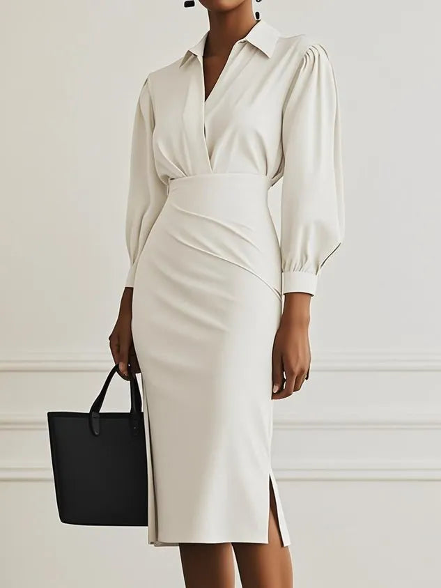 Women Light Gray Ruched Shirt Collar Long Sleeve Dressy Top With Skirt Two-Piece Set