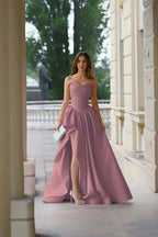 Pink Strapless Sleeveless A Line Long Split Prom Dress With Pleated ED0263