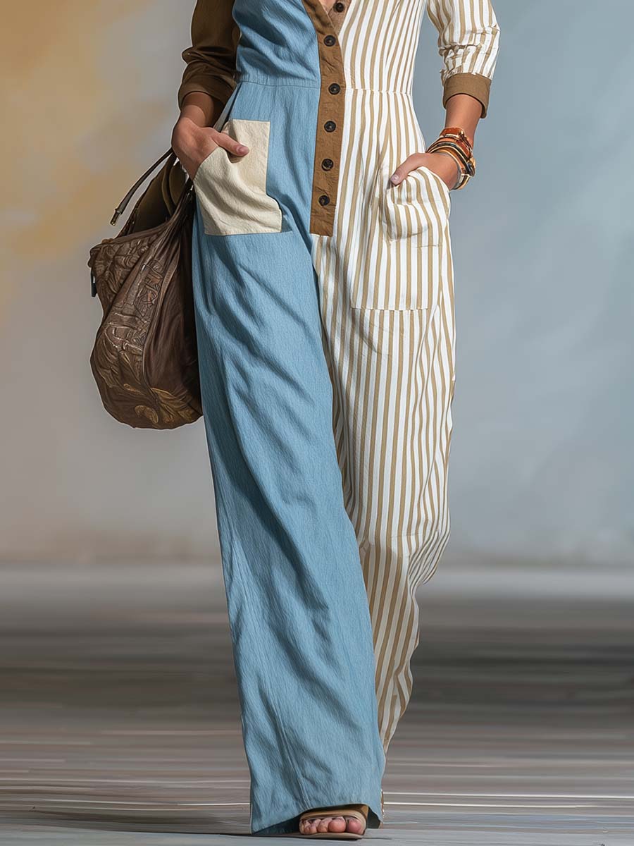 Retro Color-Block Blue Brown & Striped Button-Front Wide-Leg Cotton-Linen Jumpsuit