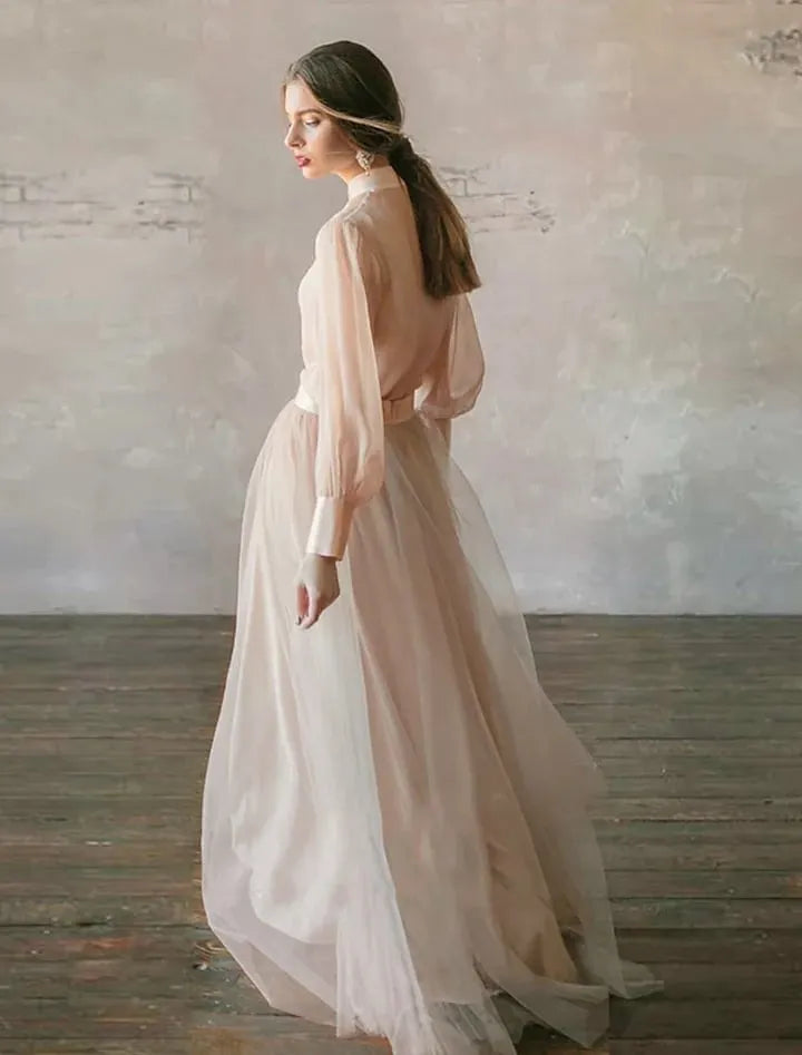 Cocoslly High Neck Long Sleeves High Waist Long Prom Dress | Blushing Pink Tulle LR0409