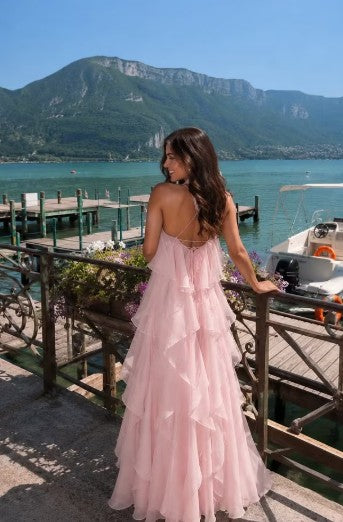 Cocoslly Halter Sleeveless High Waist Long Prom Dress With Ruffles And Flower | Blushing Pink Chiffon RH0096
