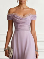 Purple Pleated Chiffon Off The Shoulder Sleeveless A-Line Midi Dress