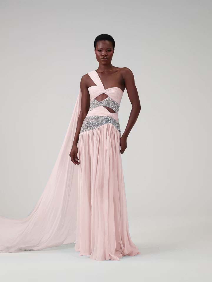 Cocoslly One Shoudler Sleeveless High Waist Long Prom Dress With Rhinstone | Ice White Chiffon YK1281