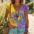 Women's Hippie Sun Pattern Color Block V-neck Short Sleeve T-shirt
