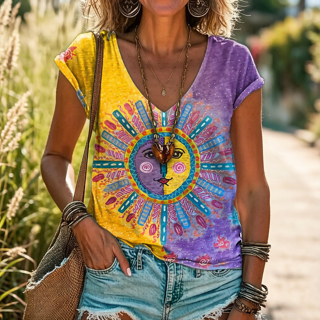 Women's Hippie Sun Pattern Color Block V-neck Short Sleeve T-shirt
