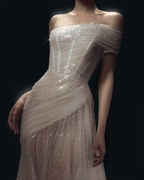 Cocoslly One Shoulder Sleeveless High Waist Long Prom Dress With Sequins | White Tulle YC0569