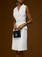 White V Neck Sleeveless Rhinestone Slit A-Line Midi Dress