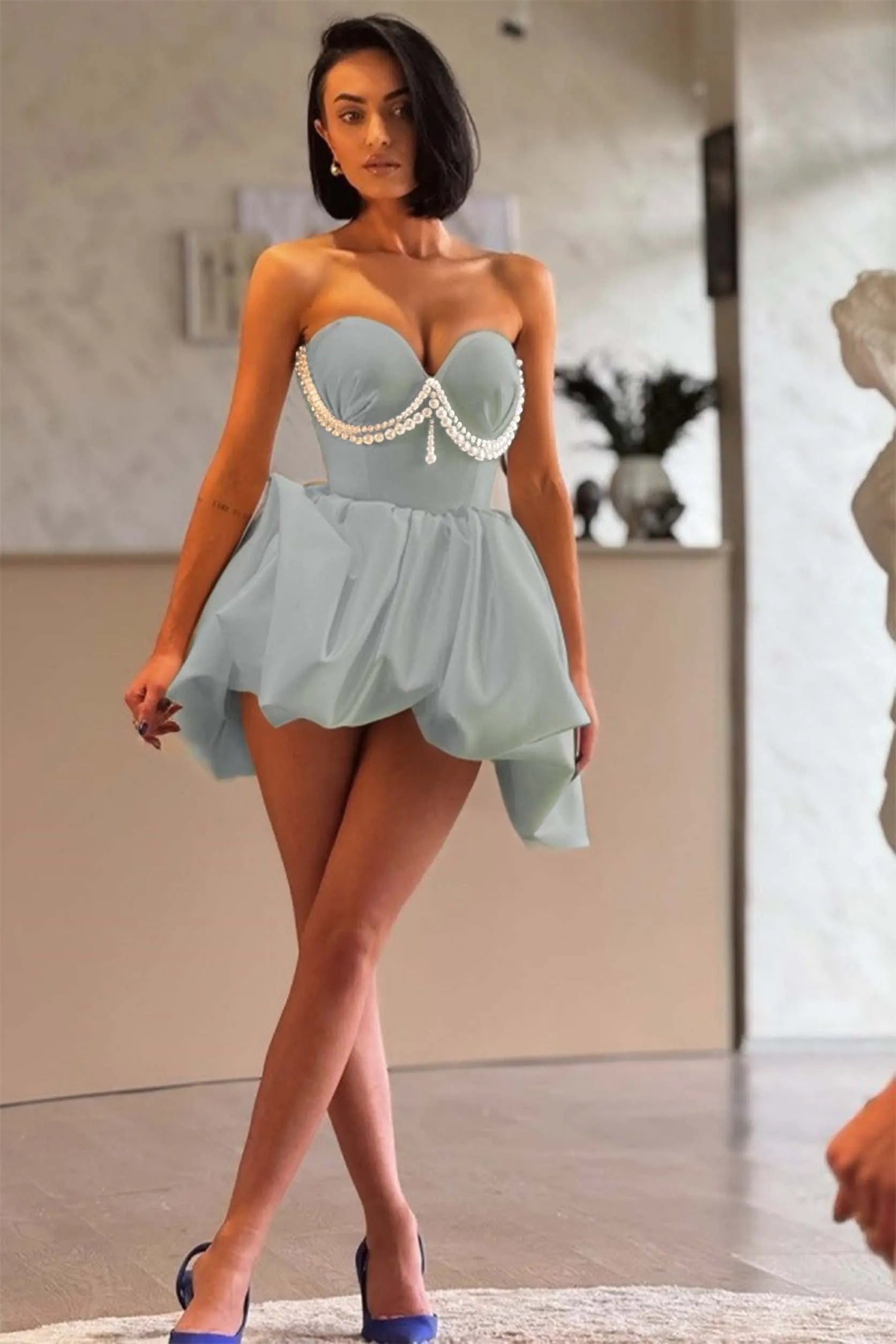 Cocoslly Strapless Sweetheart Sleeveless High Waist Short Prom Dress With Pearls | Ivory Satin ZT0683