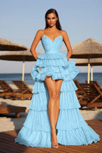 Cocoslly Strapless Sleeveless High Waist Long A Line Prom Dress With Ruffles | Champage Glod Satin YC0487