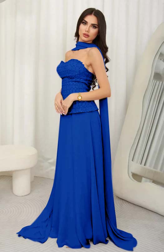 Cocoslly Strapless Sleeveless High Waist Long Prom Dress With Rhinstone And Scarf | Lilac Chiffon JZ0099