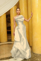 Satin And Tulle Asymmetric Strapless Sleeveless Long Pleated A-Line Prom Dress With Flowers And Ruffles WQ0642