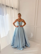 Satin V-Neck Strapless Sleeveless Long A-Line Prom Dress With Pleated And Rhinstone YK0706